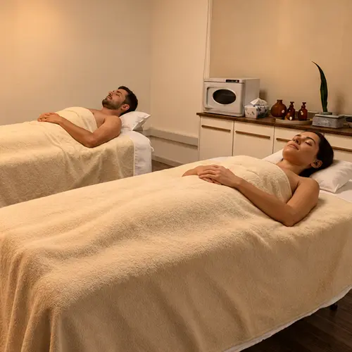 Dos personas reciben un masaje dúo en una sala de Hilot Spa en Las Condes.